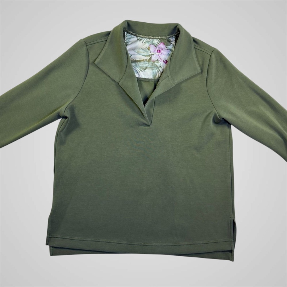 Tommy Bahama Islandsoft V-Neck Olive Green Pullover Top Sweatshirt Womens Small - Picture 3 of 11